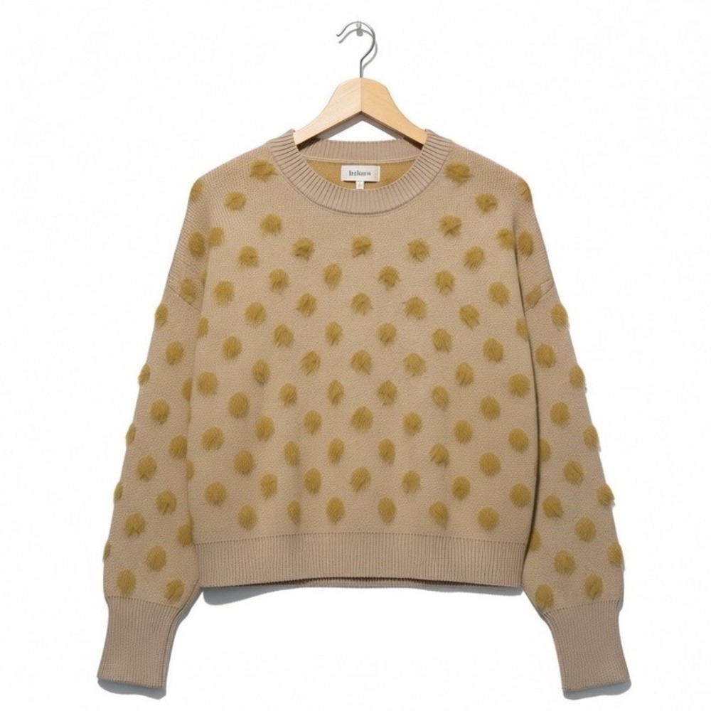 bohme Crewneck Tan Knit Sweater Mustard-Yellow Pom Pom Size M